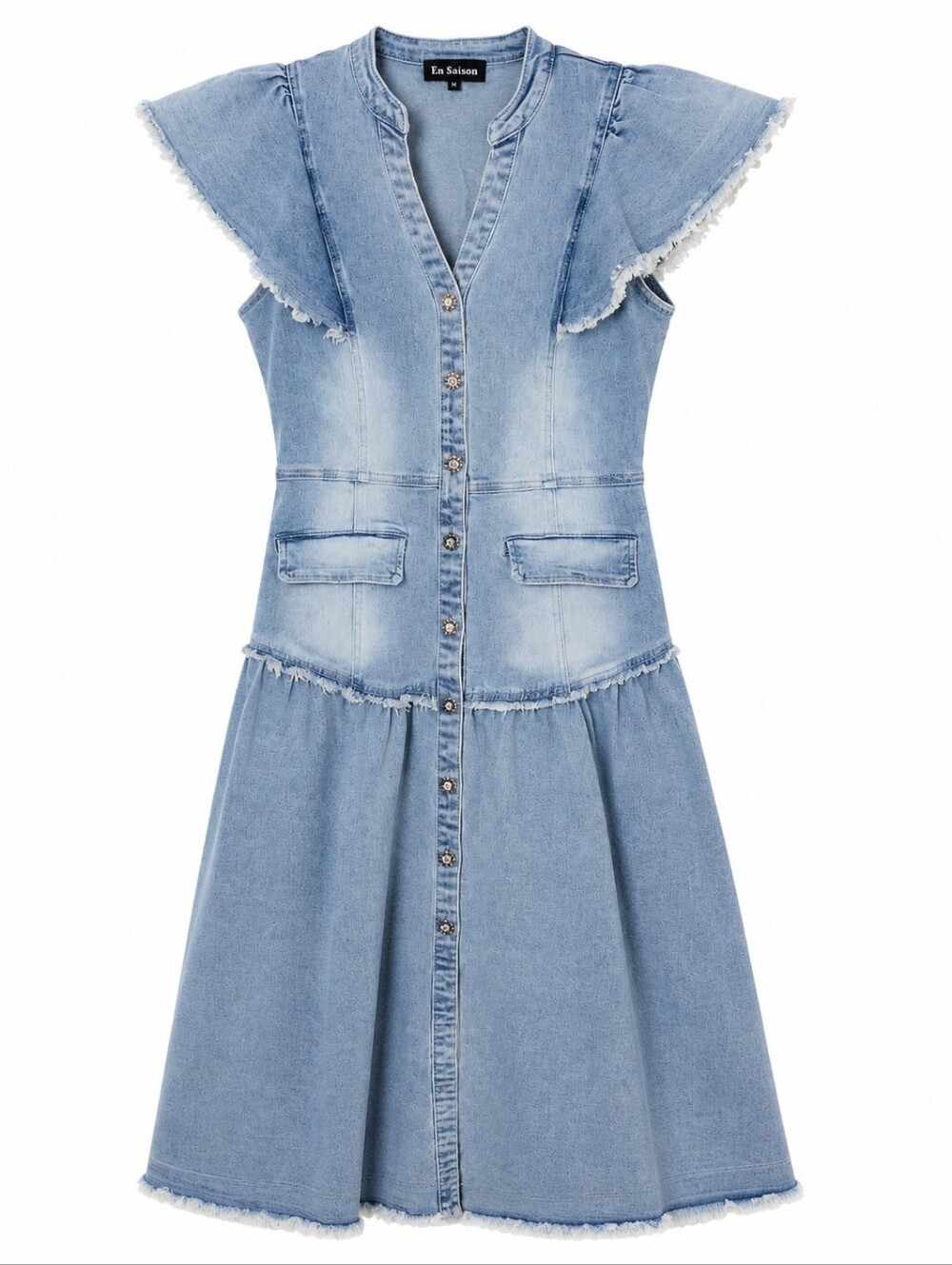 Denim Flutter Sleeve Button-Front Midi Dress En Saison - Picture 2 of 4